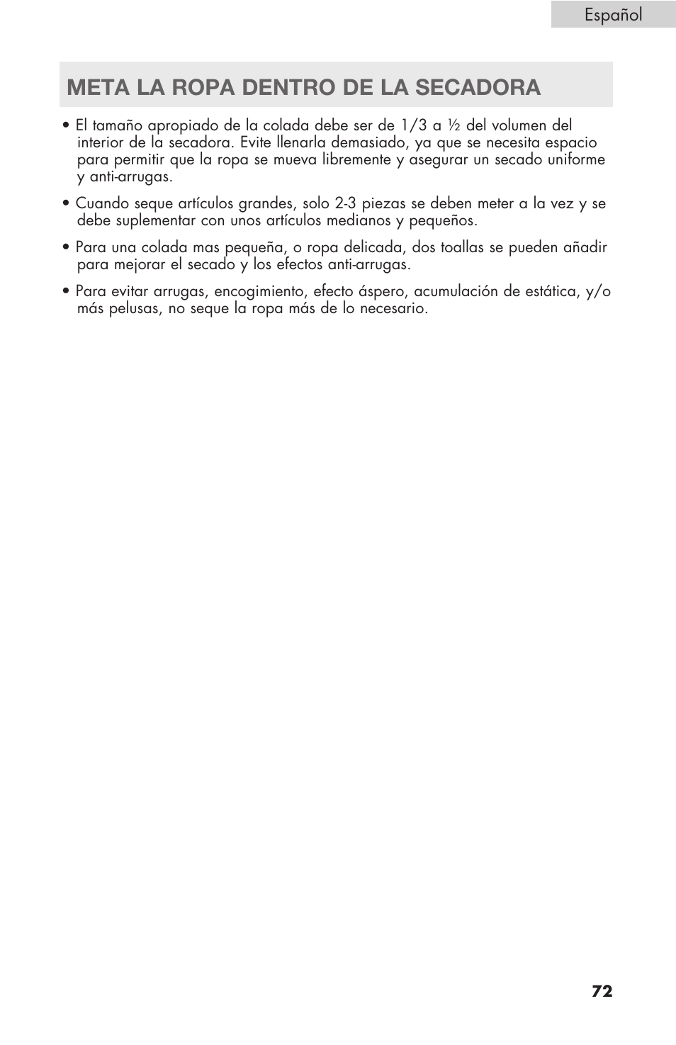 Meta la ropa dentro de la secadora | haier Gas & Electric Dryer RDE/RDG 350AW User Manual | Page 73 / 80