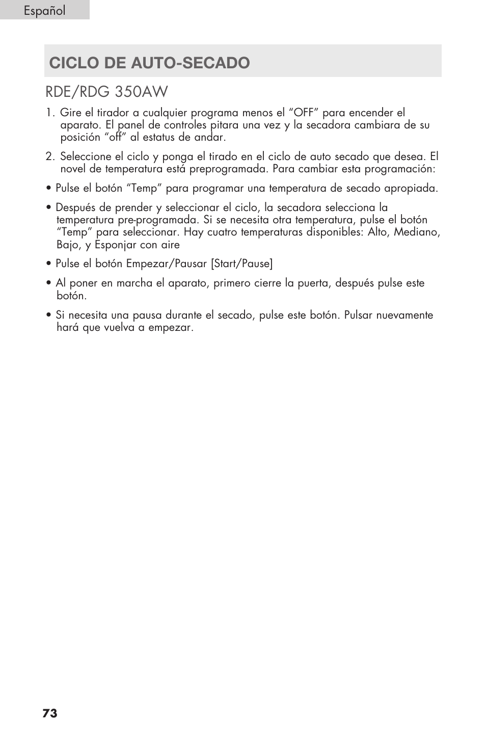 Ciclo de auto-secado, Rde/rdg 350aw | haier Gas & Electric Dryer RDE/RDG 350AW User Manual | Page 74 / 80