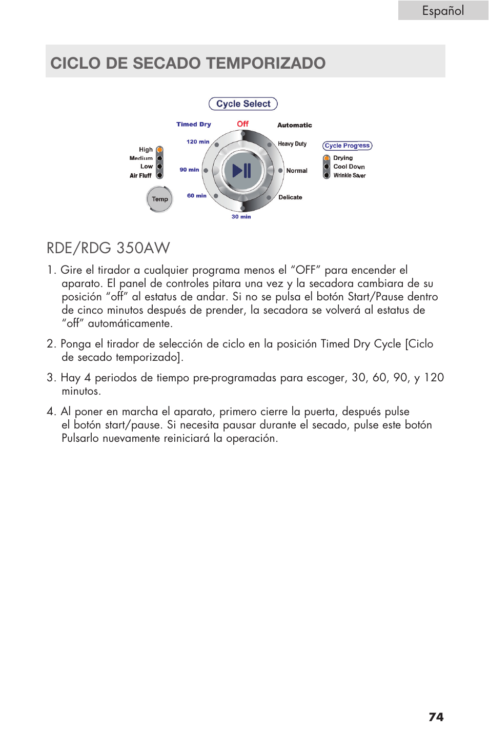 Ciclo de secado temporizado, Rde/rdg 350aw | haier Gas & Electric Dryer RDE/RDG 350AW User Manual | Page 75 / 80