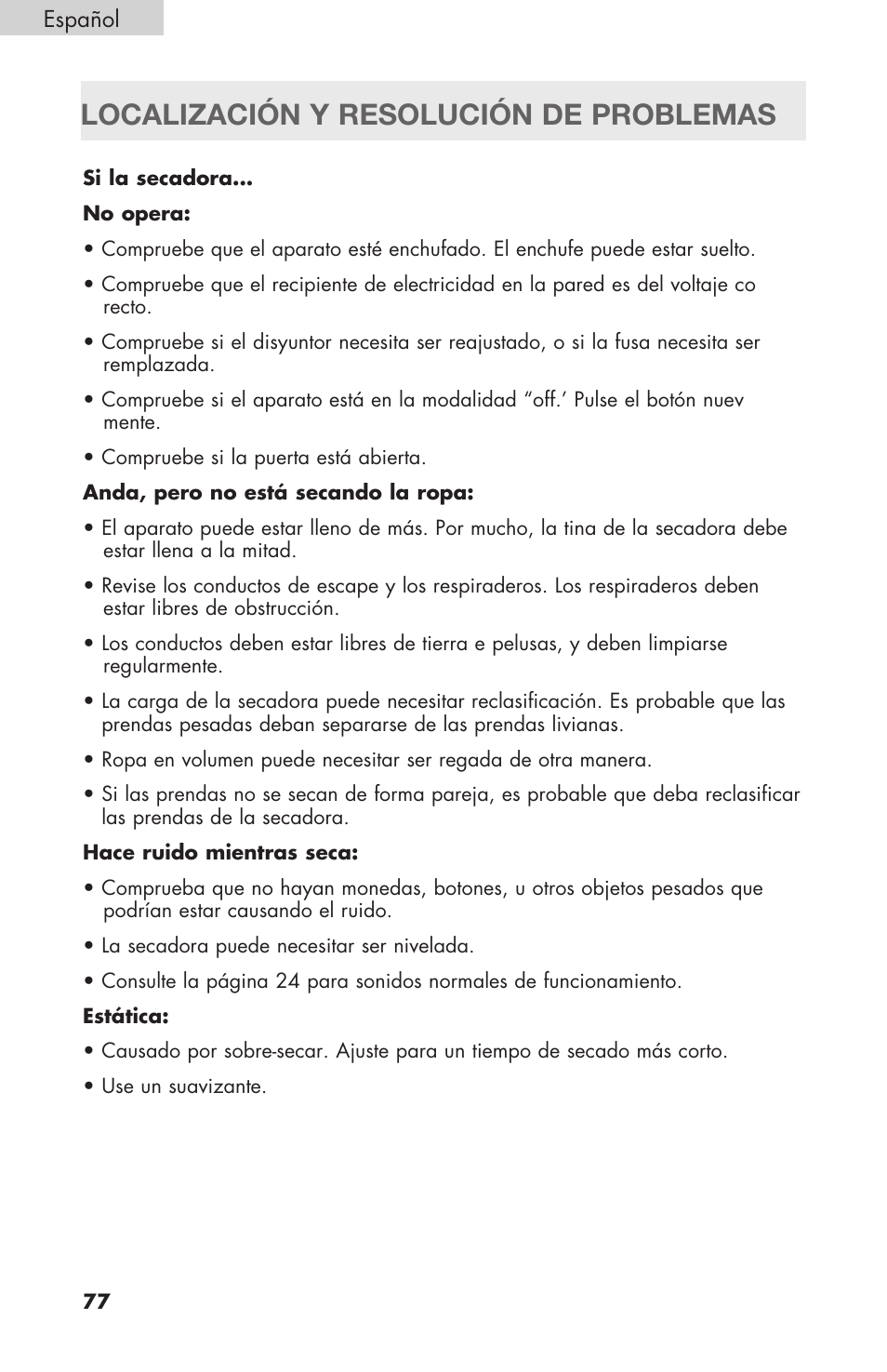 Localización y resolución de problemas | haier Gas & Electric Dryer RDE/RDG 350AW User Manual | Page 78 / 80