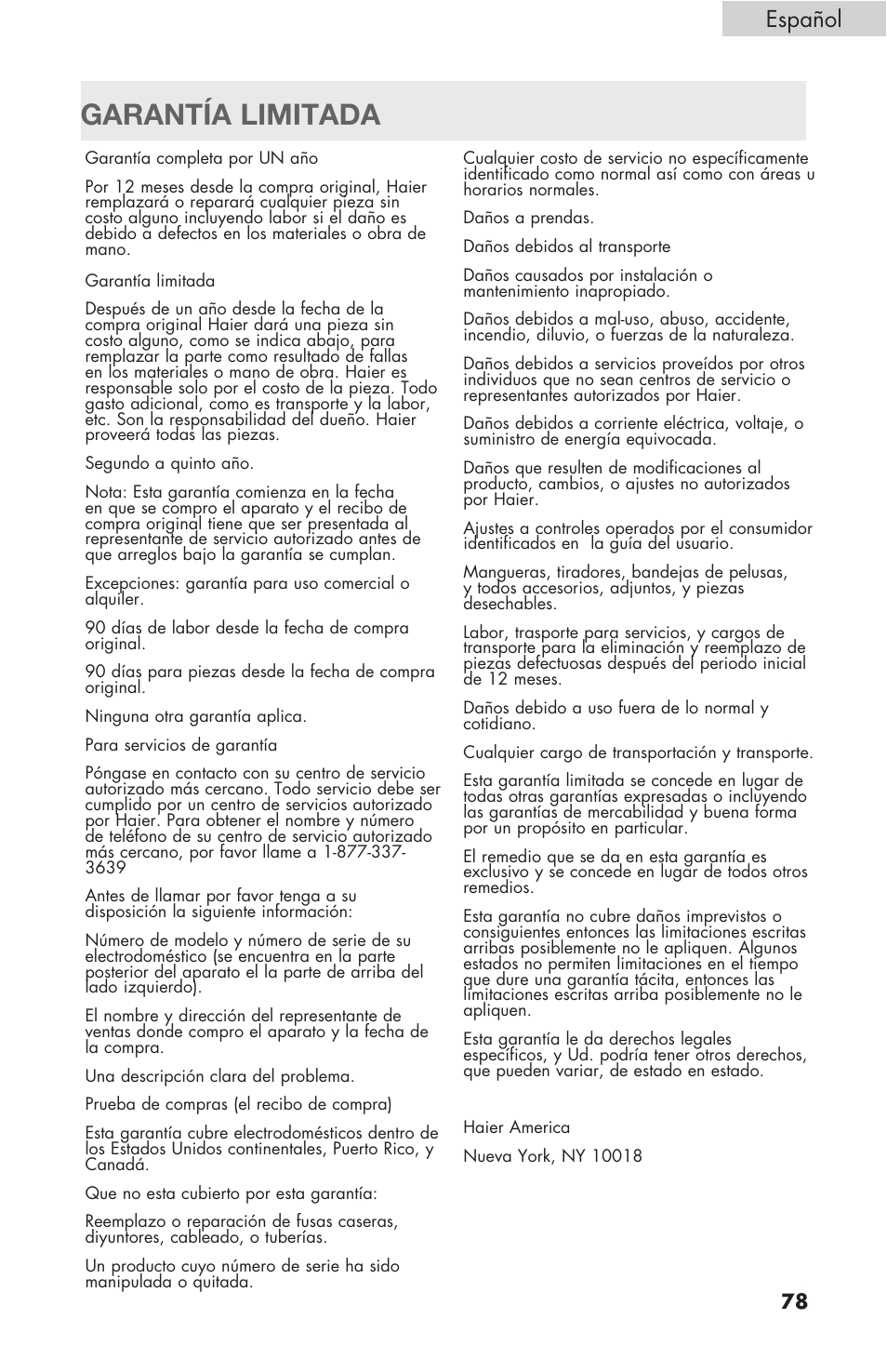 Garantía limitada, Español | haier Gas & Electric Dryer RDE/RDG 350AW User Manual | Page 79 / 80