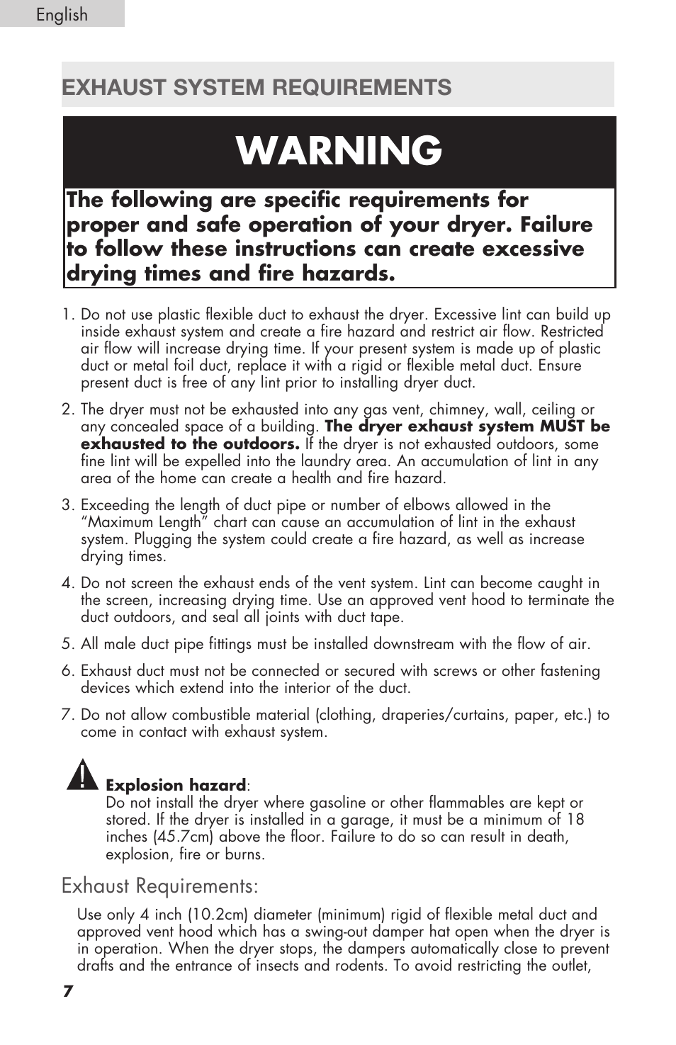 Warning, Exhaust system requirements, Exhaust requirements | haier Gas & Electric Dryer RDE/RDG 350AW User Manual | Page 8 / 80