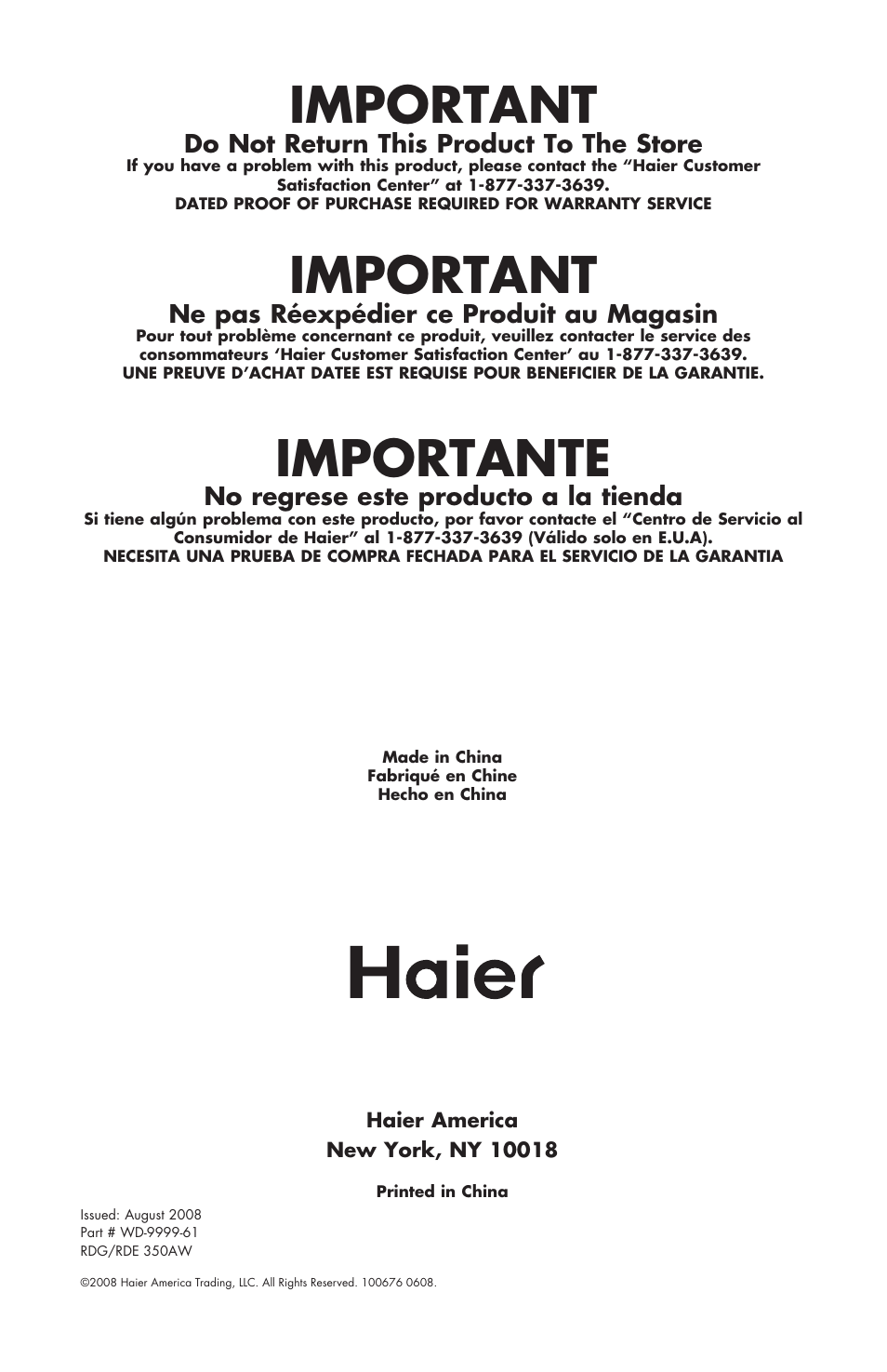 Important, Importante, Do not return this product to the store | Ne pas réexpédier ce produit au magasin, No regrese este producto a la tienda | haier Gas & Electric Dryer RDE/RDG 350AW User Manual | Page 80 / 80