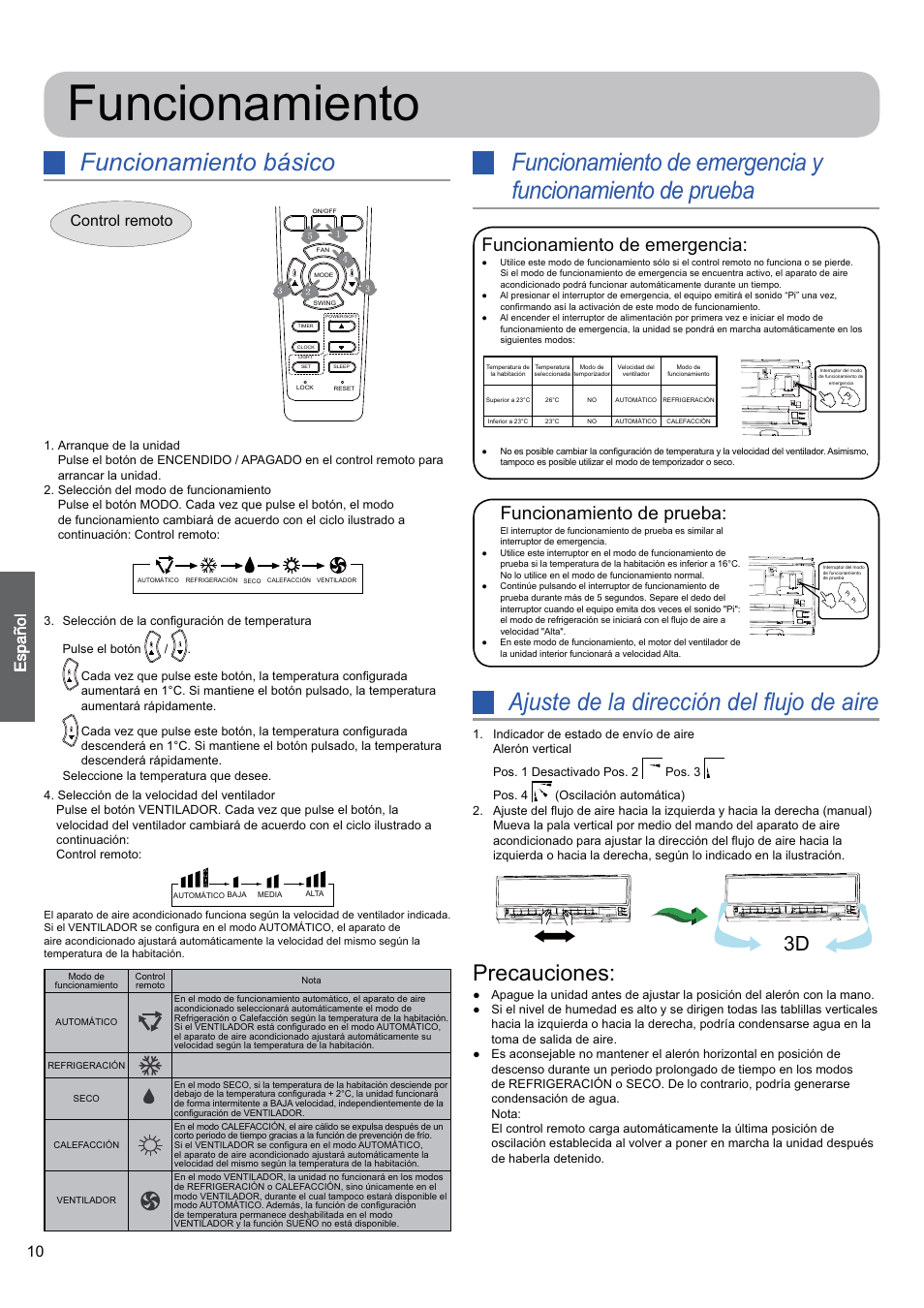 Funcionamiento, Funcionamiento básico, Precauciones | Funcionamiento de emergencia, Funcionamiento de prueba, Control remoto | haier 0010530627 User Manual | Page 10 / 29