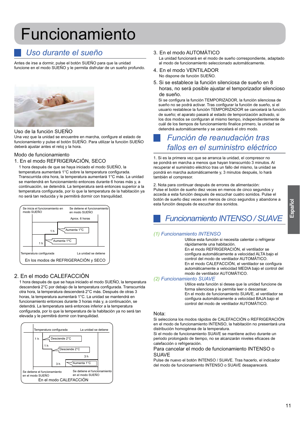 Funcionamiento, Uso durante el sueño, Funcionamiento intenso / suave | En el modo calefacción | haier 0010530627 User Manual | Page 11 / 29