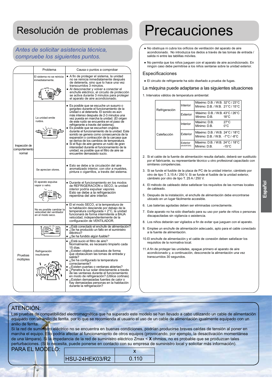 Precauciones, Resolución de problemas, Atención | Especiﬁcaciones | haier 0010530627 User Manual | Page 15 / 29