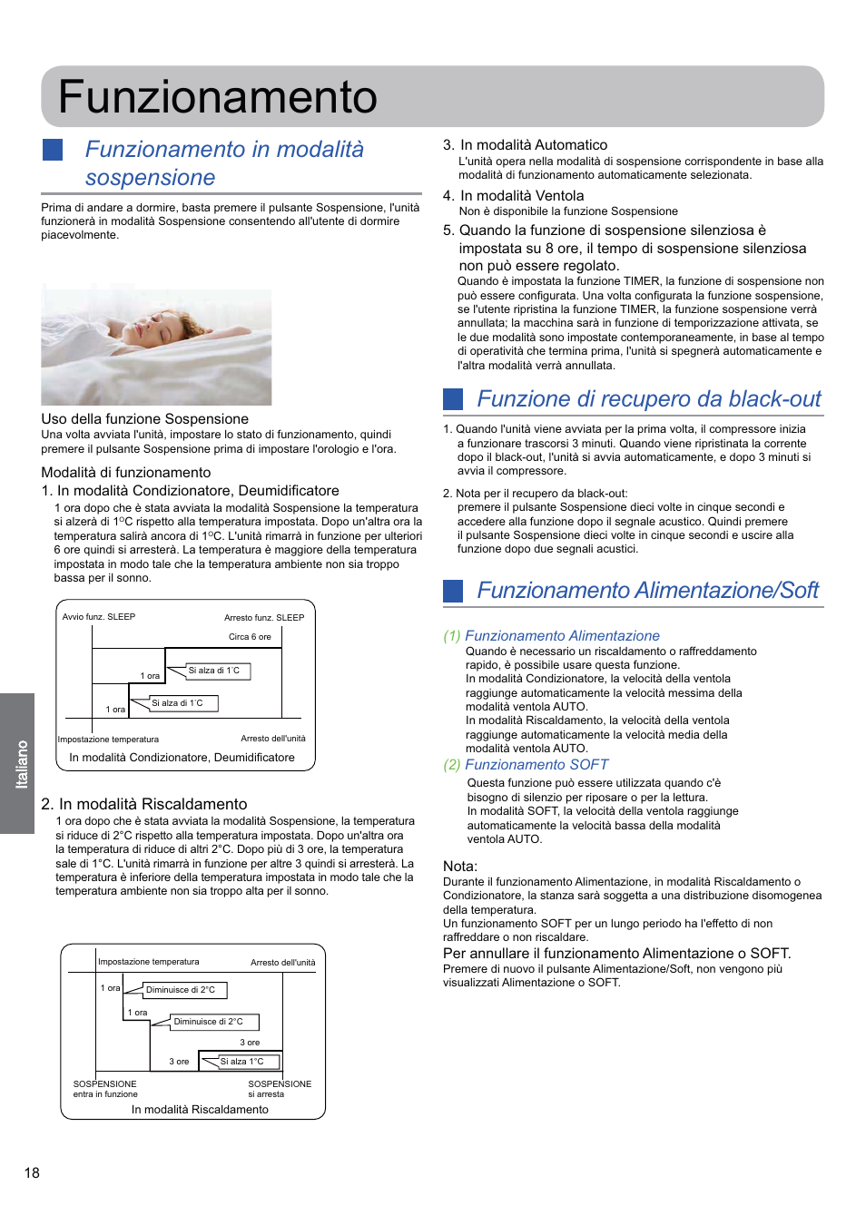 Funzionamento, Funzionamento in modalità sospensione, Funzione di recupero da black-out | Funzionamento alimentazione/soft | haier 0010530627 User Manual | Page 18 / 29