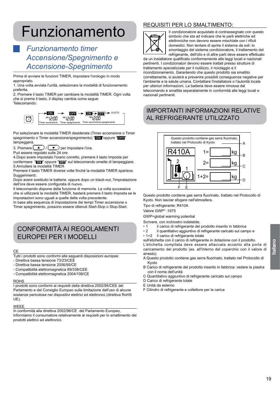 Funzionamento, R410a, Conformità ai regolamenti europei per i modelli | Requisiti per lo smaltimento | haier 0010530627 User Manual | Page 19 / 29