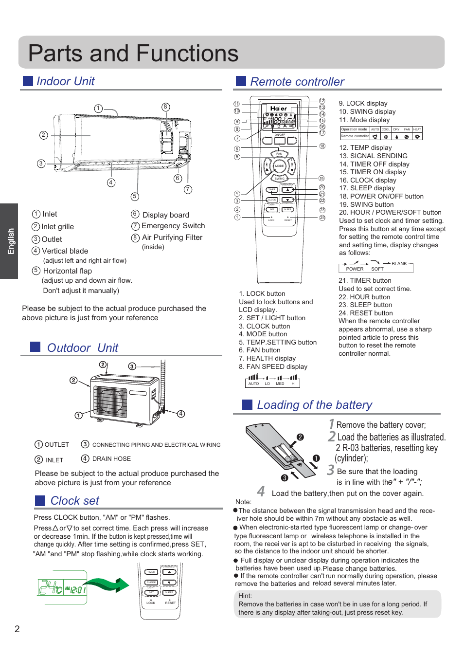 Parts and functions, Outdoor unit, Loading of the battery | Indoor unit, Remote controller, Clock set, Remove the battery cover | haier 0010530627 User Manual | Page 2 / 29