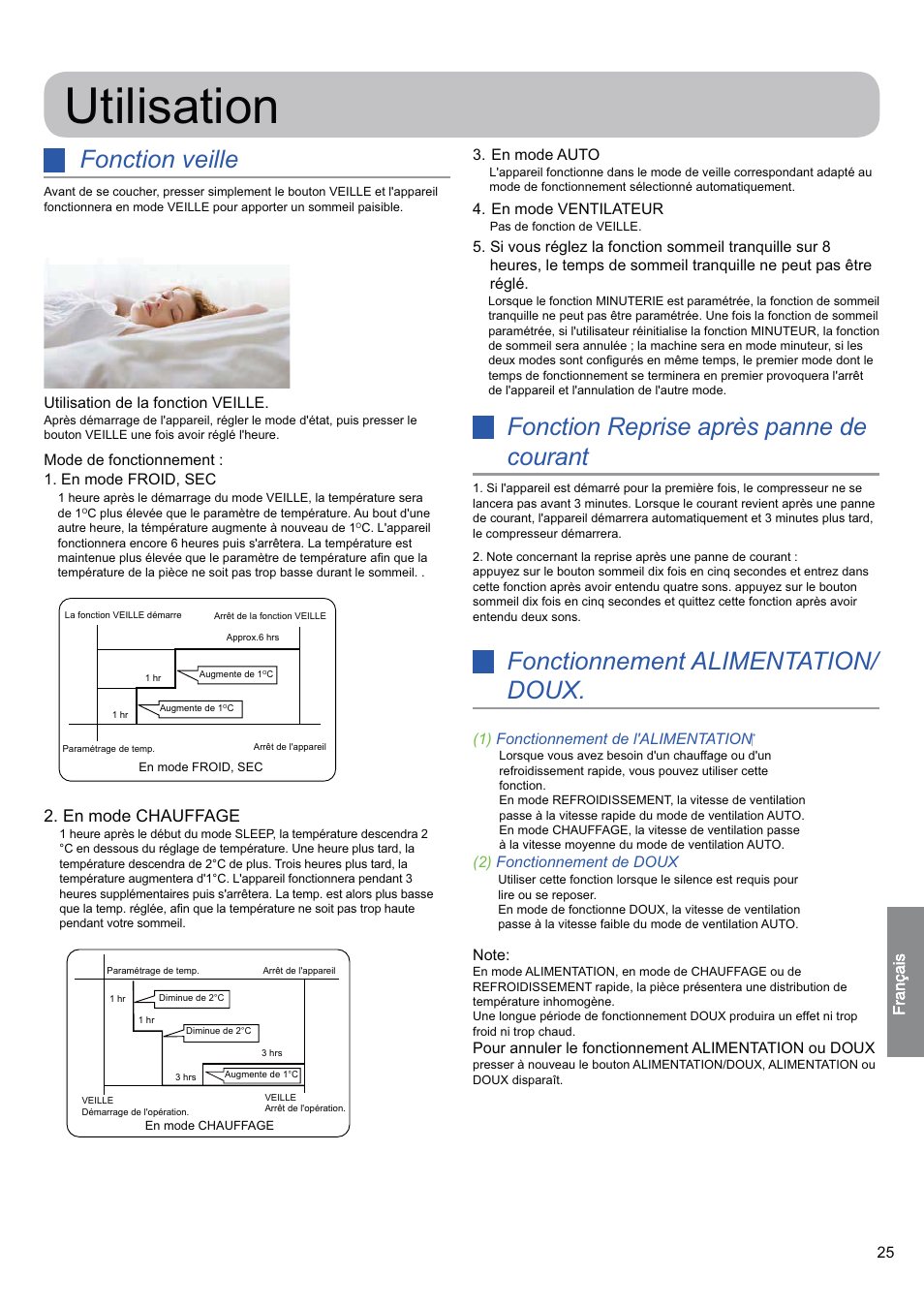 Utilisation, Fonction veille, Fonction reprise après panne de courant | Fonctionnement alimentation/ doux, En mode chauffage | haier 0010530627 User Manual | Page 25 / 29
