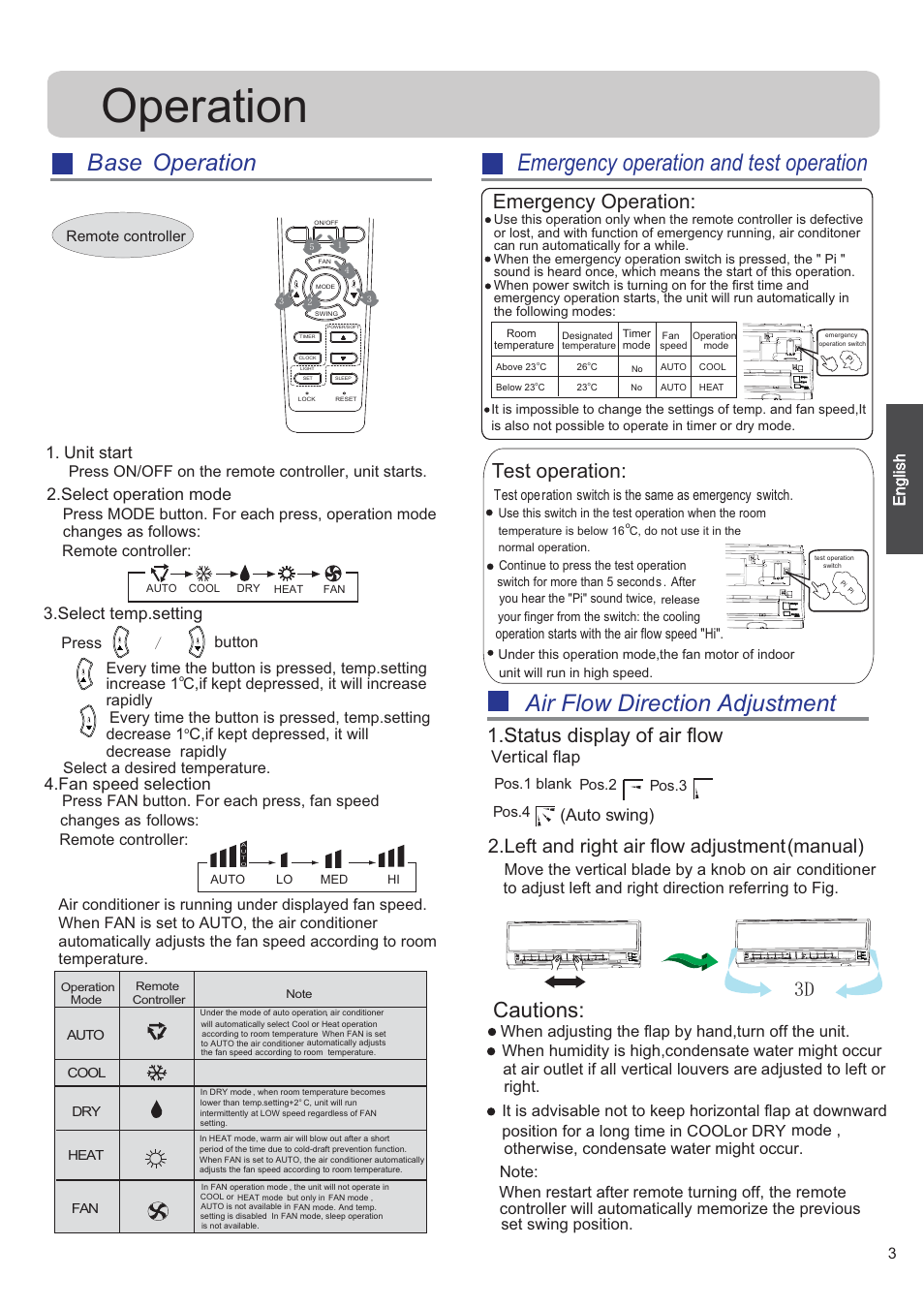 Operation, Air flow direction adjustment, Base operation | Emergency operation and test operation, Cautions, Status display of air flow, Left and right air flow adjustment(manual), Emergency operation, Test operation, Select operation mode | haier 0010530627 User Manual | Page 3 / 29