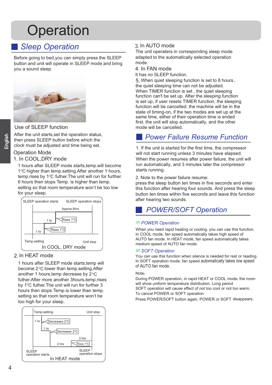 Operation, Sleep operation, Power failure resume function | Power/soft operation, 3. in heat mode in auto mode 4. in fan mode | haier 0010530627 User Manual | Page 4 / 29