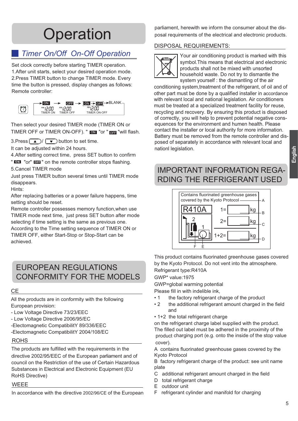 Operation, R410a, Timer on/off on-off operation | European regulations conformity for the models | haier 0010530627 User Manual | Page 5 / 29