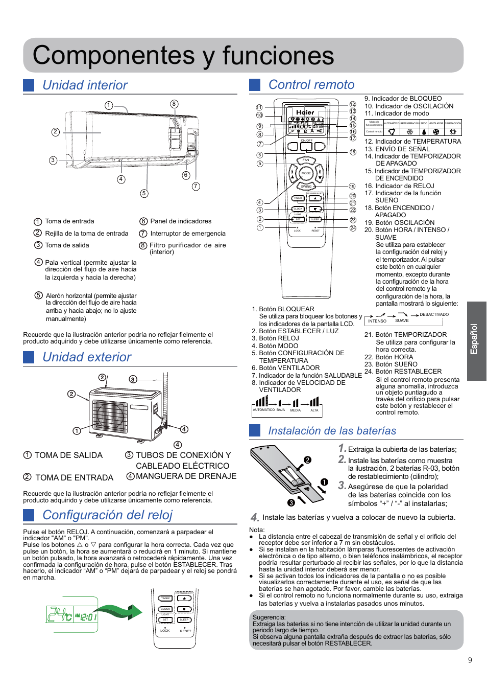 Componentes y funciones, Unidad interior, Unidad exterior | Conﬁguración del reloj, Control remoto, Instalación de las baterías | haier 0010530627 User Manual | Page 9 / 29