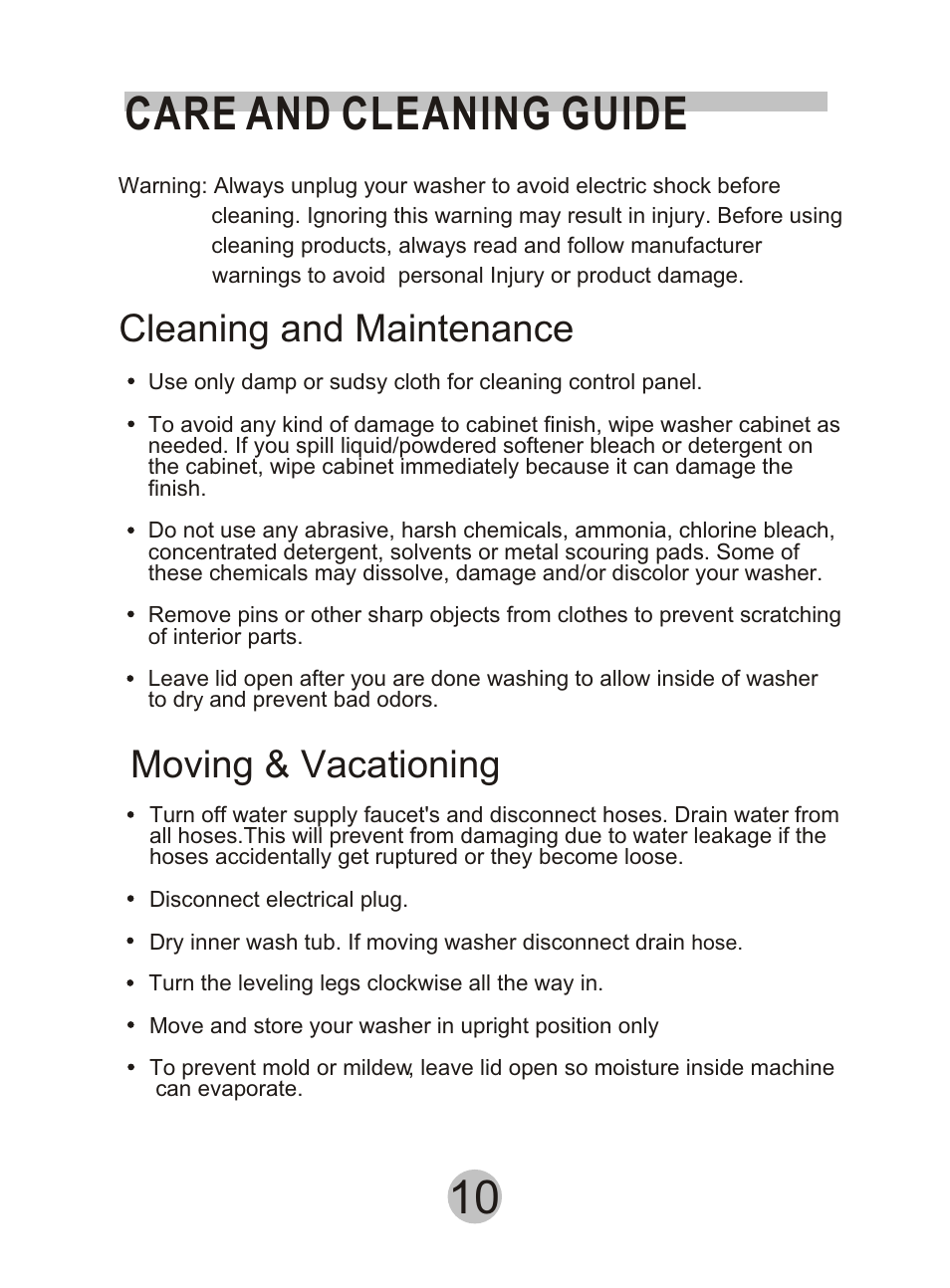 10 care and cleaning guide, Cleaning and maintenance moving & vacationing | haier HWM90DD User Manual | Page 11 / 20