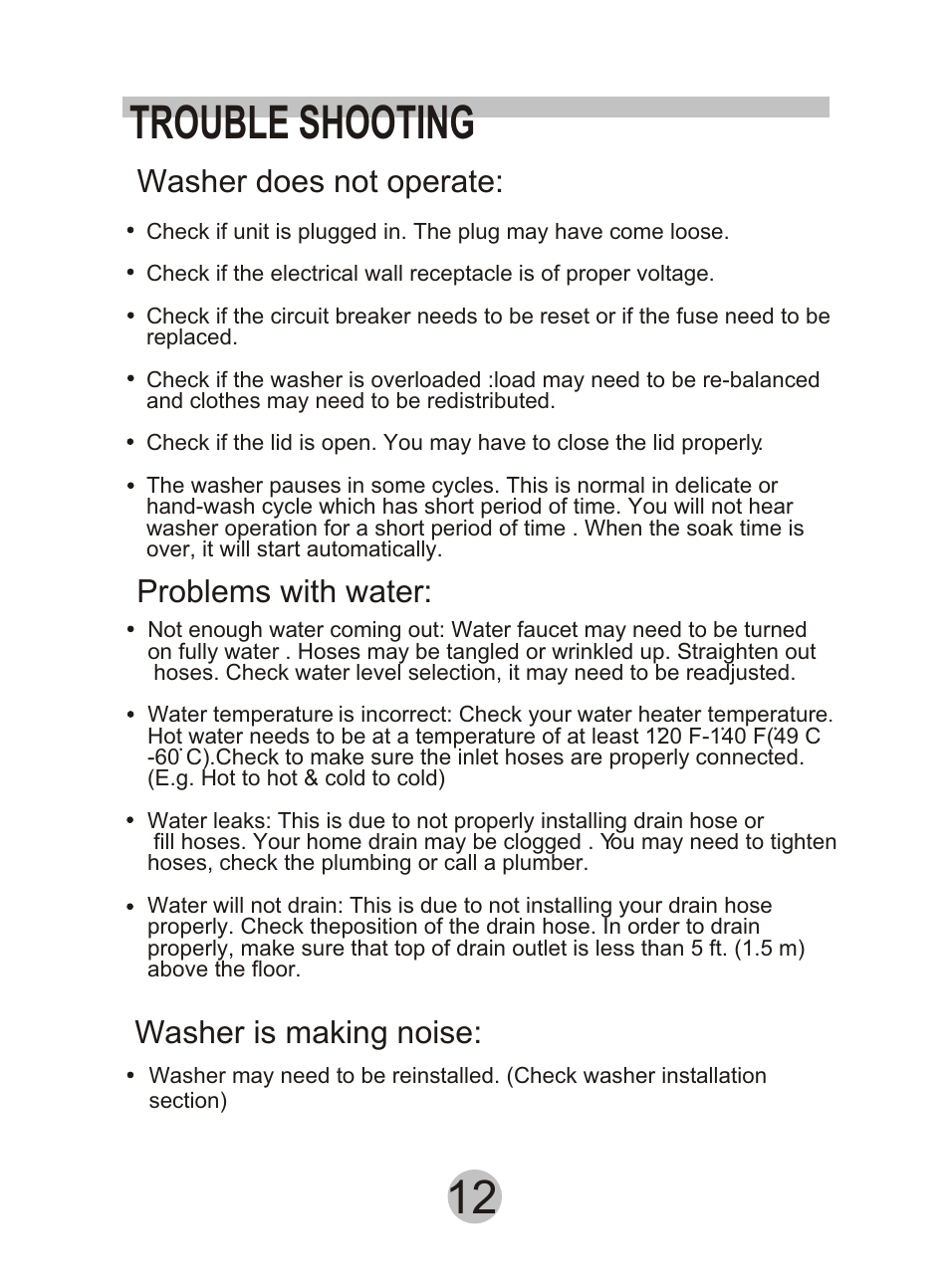 Trouble shooting 12, Washer does not operate: problems with water, Washer is making noise | haier HWM90DD User Manual | Page 13 / 20