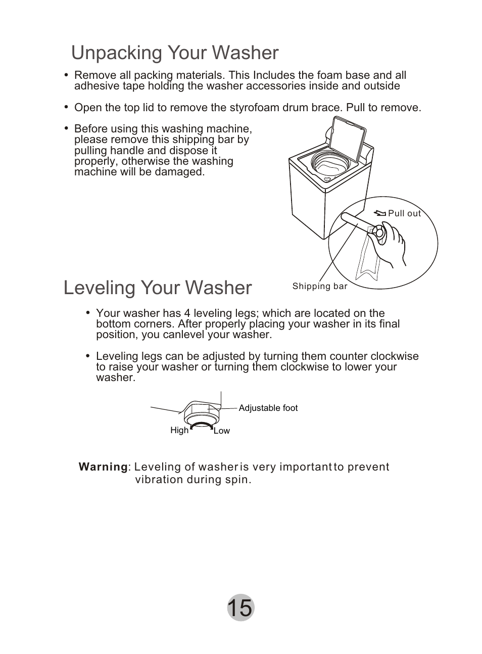 Unpacking your washer, Leveling your washer | haier HWM90DD User Manual | Page 16 / 20