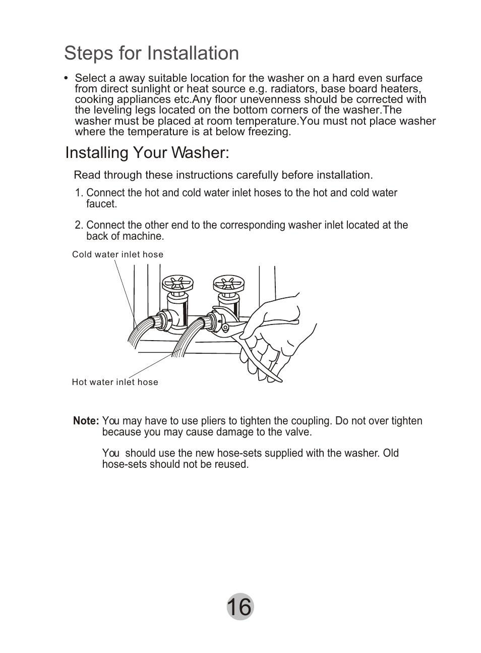 Steps for installation, Installing your washer | haier HWM90DD User Manual | Page 17 / 20