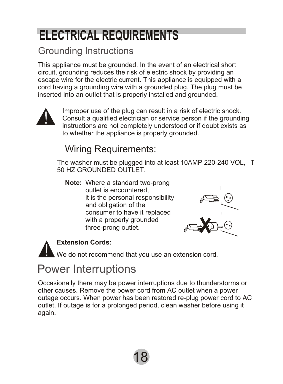 Electrical requirements, Power interruptions, Grounding instructions | Wiring requirements | haier HWM90DD User Manual | Page 19 / 20