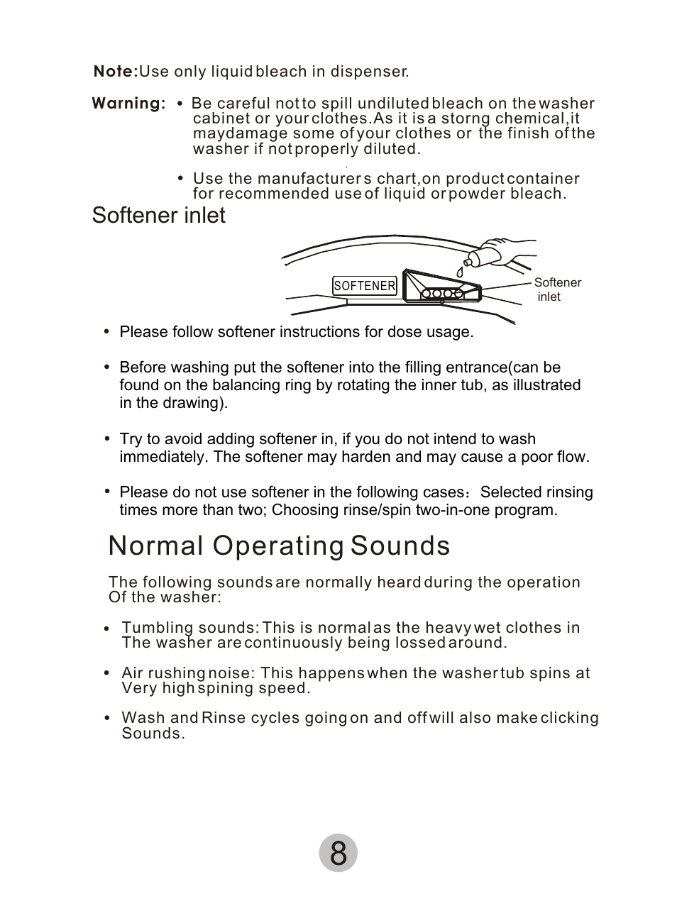 Normal operating sounds, Softener inlet | haier HWM90DD User Manual | Page 9 / 20