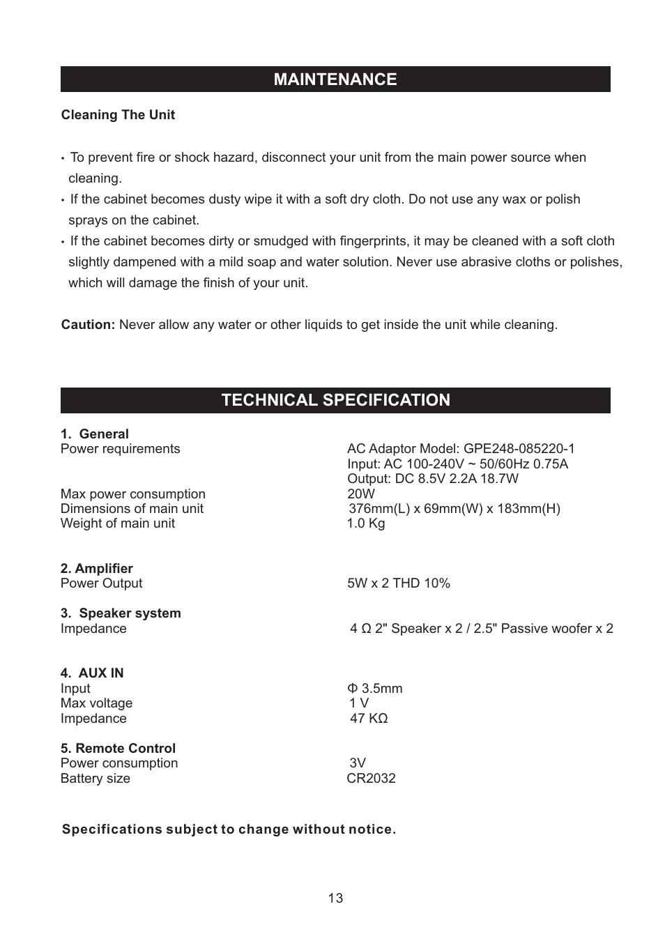 Technical specification, Maintenance | haier IPDS-10 User Manual | Page 14 / 17