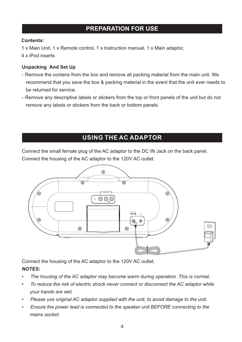 Preparation for use, Using the ac adaptor | haier IPDS-10 User Manual | Page 5 / 17