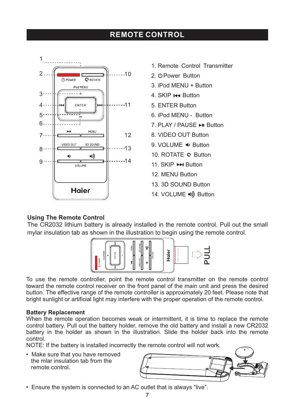 Remote control, Pu l l | haier IPDS-10 User Manual | Page 8 / 17