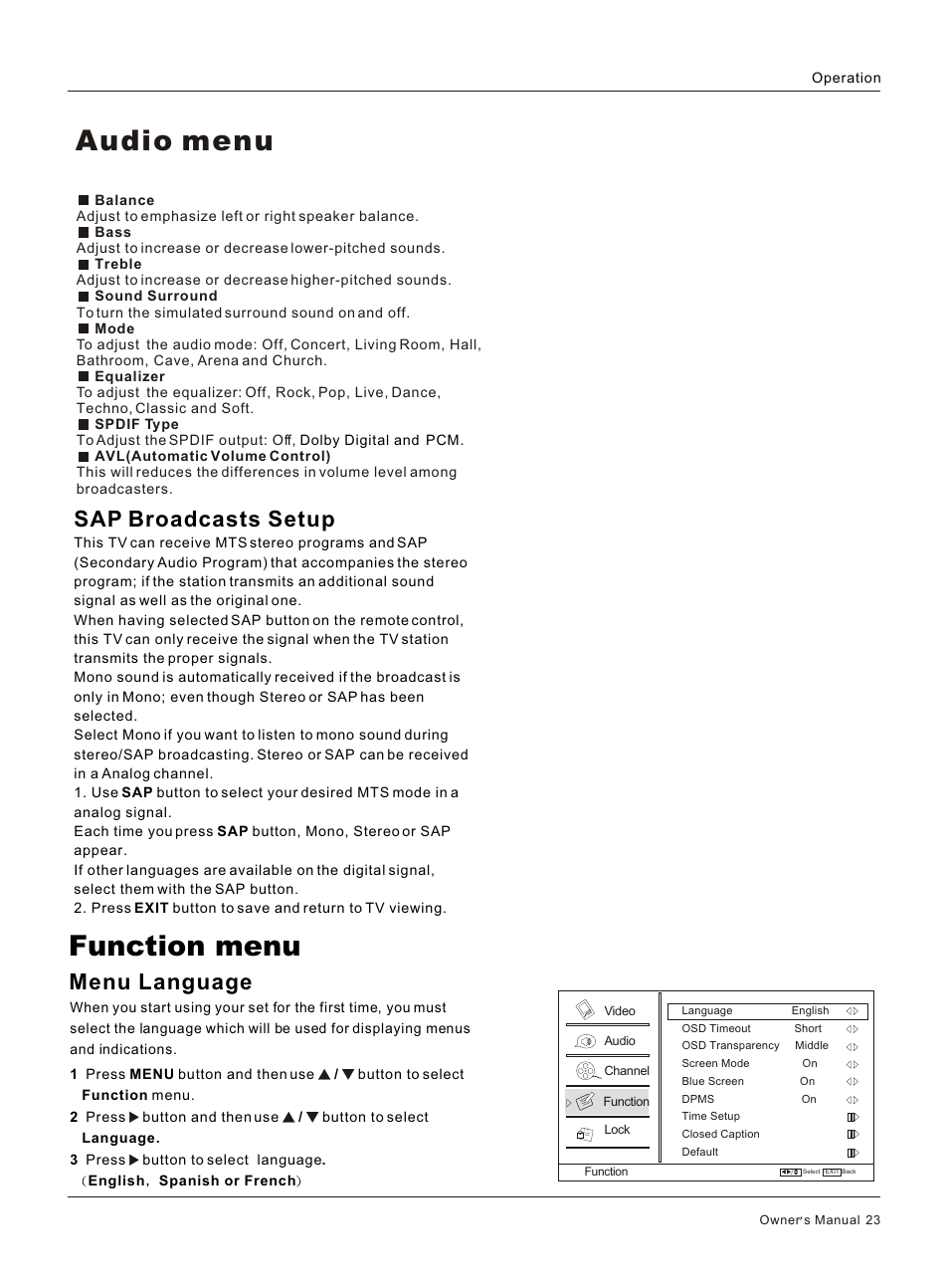 Т³гж 23, Function menu, Audio menu | Menu language, Sap broadcasts setup | haier HP32R User Manual | Page 23 / 42