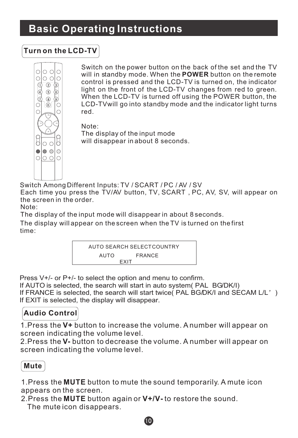 Basic operating instructions, Turn on the lcd-tv, Auto search select country auto france exit | haier L15A09A User Manual | Page 13 / 26