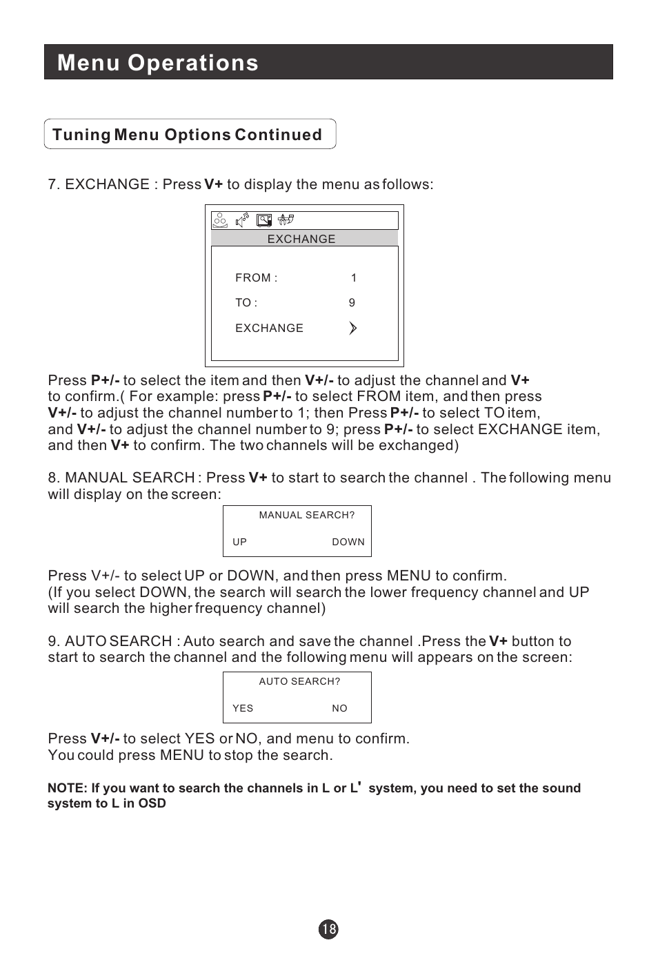 Menu operations, Tuning menu options continued | haier L15A09A User Manual | Page 21 / 26