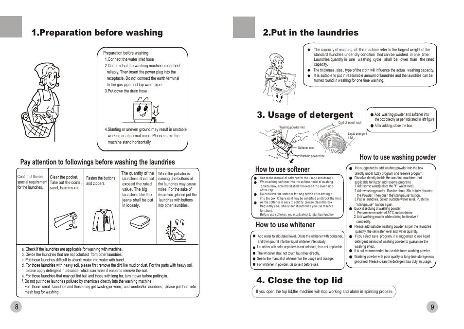 Close the top lid, Put in the laundries, Usage of detergent | Preparation before washing, How to use whitener how to use washing powder, How to use softener | haier HWM88-0566T User Manual | Page 10 / 10