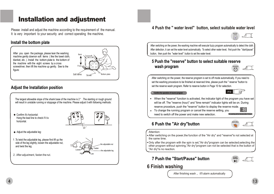 Installation and adjustment, 6 finish washing, 7 push the "start/pause" button | 6 push the "air dry"button | haier HWM88-0566T User Manual | Page 6 / 10