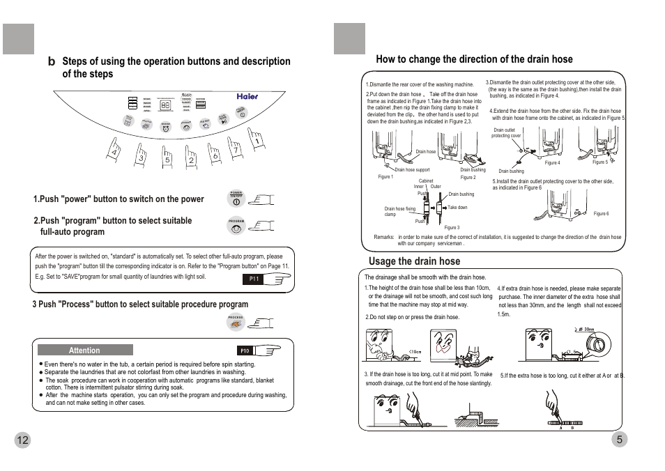 Usage the drain hose, Reserve(hours later) time remained(minutes), Attention | haier HWM88-0566T User Manual | Page 7 / 10