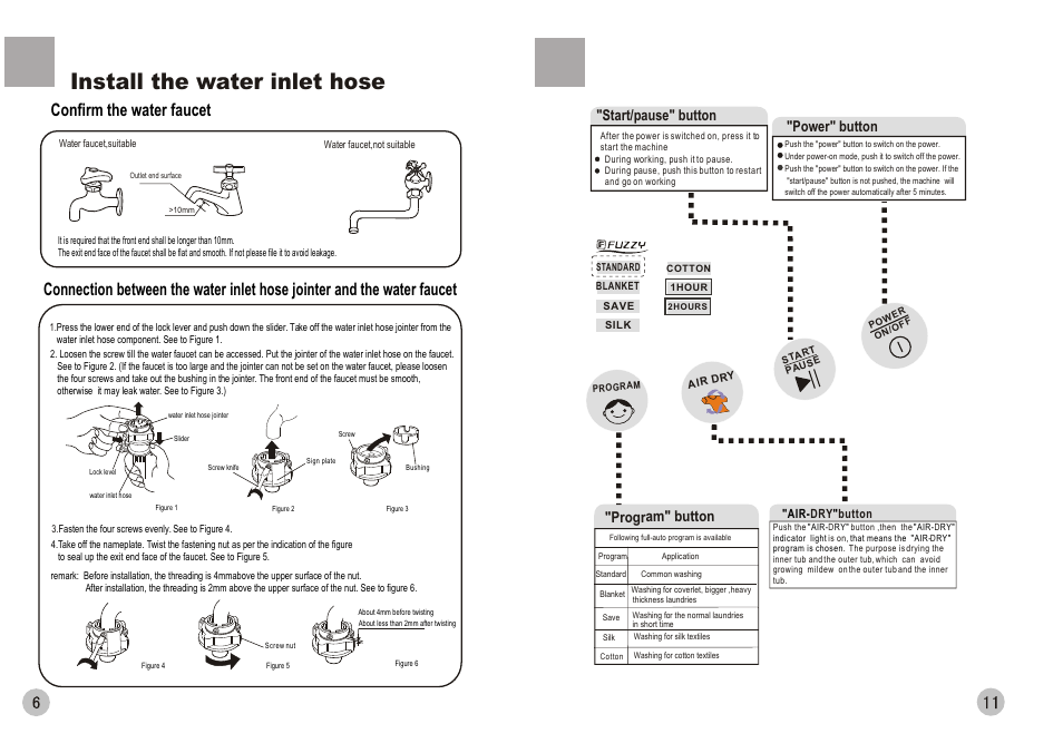 Install the water inlet hose, Confirm the water faucet, Start/pause" button | Program" button, Power" button | haier HWM88-0566T User Manual | Page 8 / 10