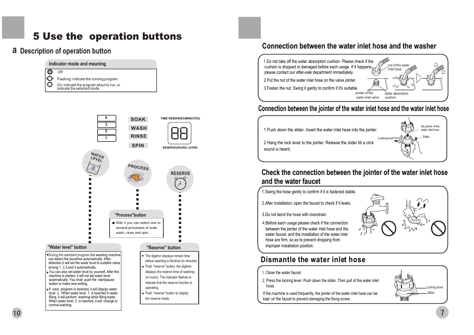 A5 use the operation buttons, Description of operation button, Dismantle the water inlet hose | haier HWM88-0566T User Manual | Page 9 / 10