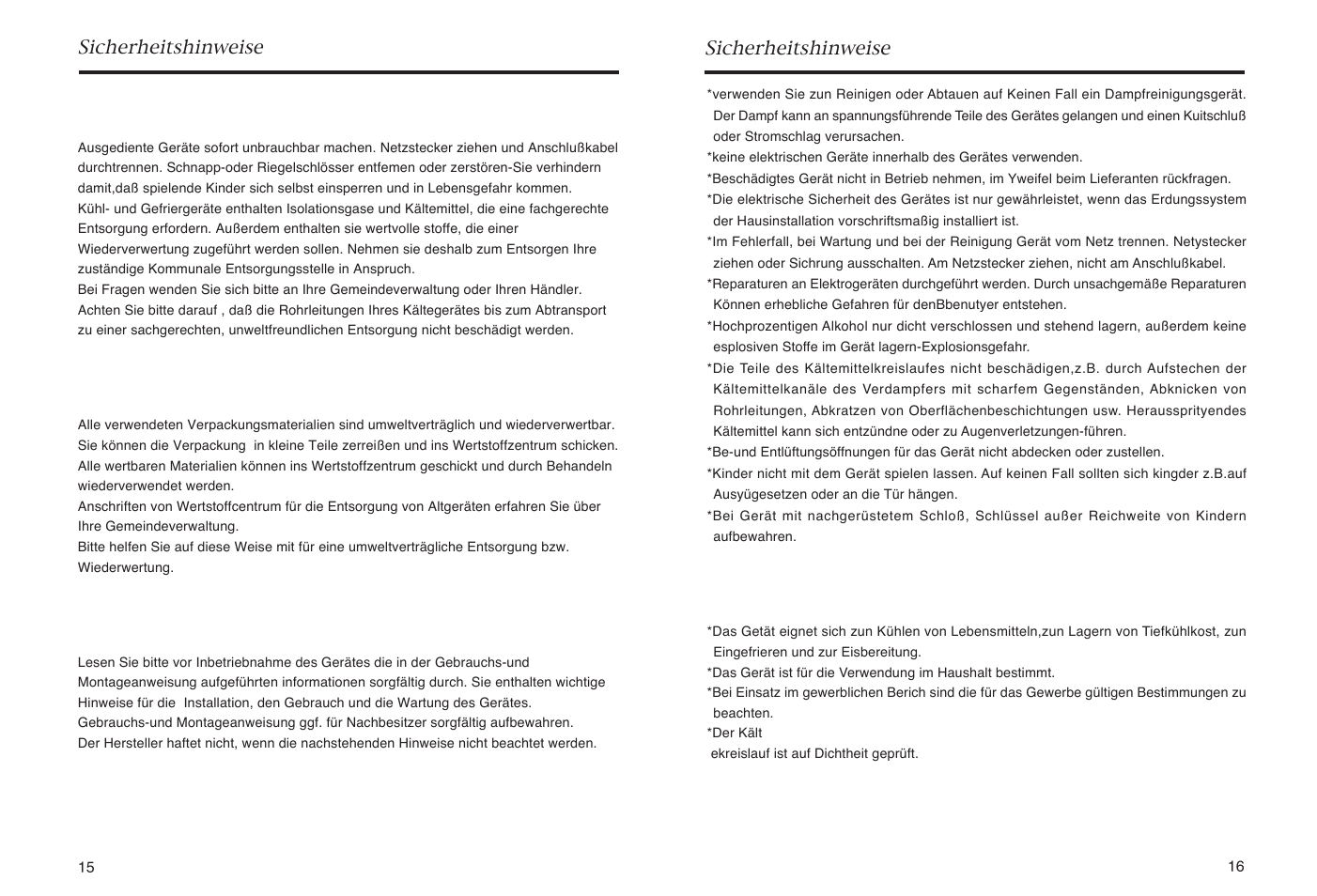 Sicherheitshinweise entsorgung des altgerätes, Entsorgung der neugeräte-verpackung, Sicherheitshinweise und warnungen | Sicherheitshinweise, Bestimmungen | haier HR-165 User Manual | Page 10 / 30