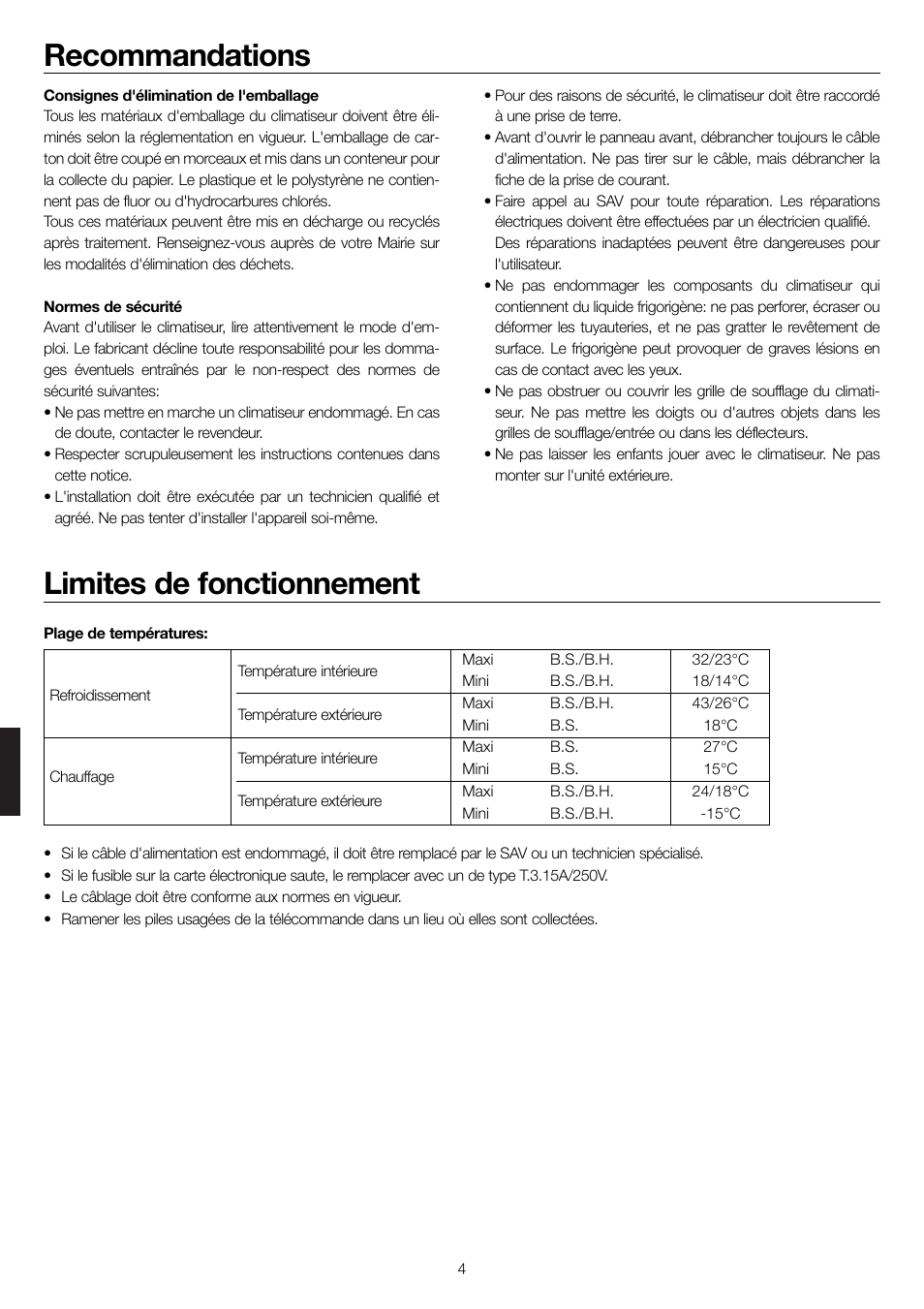 Recommandations limites de fonctionnement | haier 0010552537 User Manual | Page 87 / 109