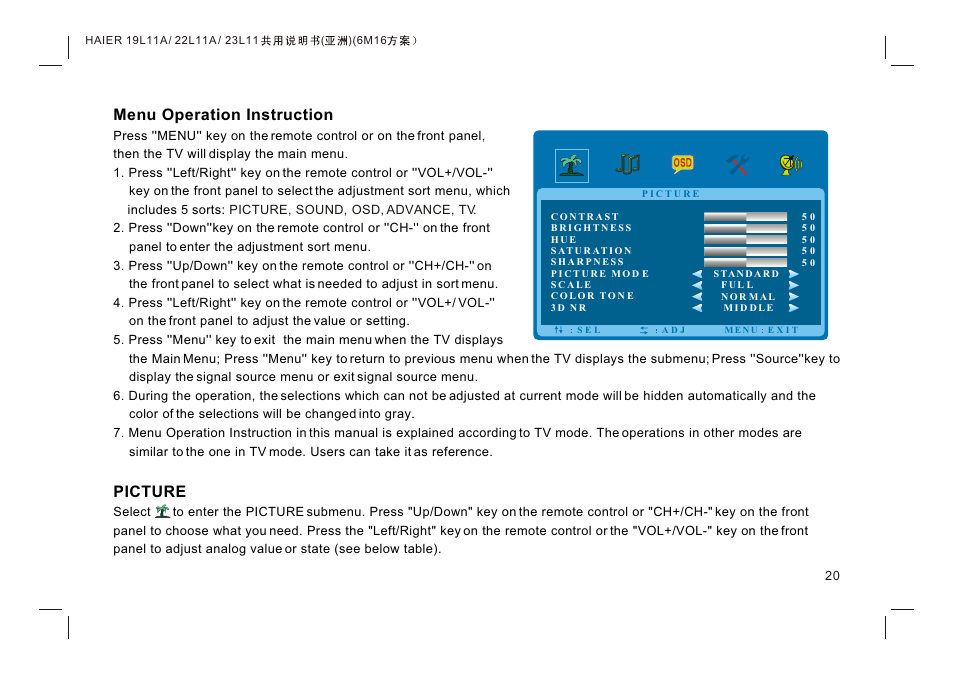 Т³гж 22, Menu operation instruction, Picture | haier HDMI LE19K300 User Manual | Page 22 / 33
