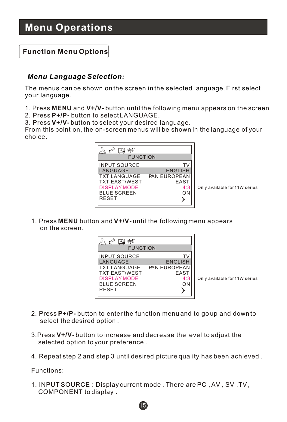 Т³гж 17, Menu operations, Function menu options menu language selection | haier L1910B-A User Manual | Page 17 / 25