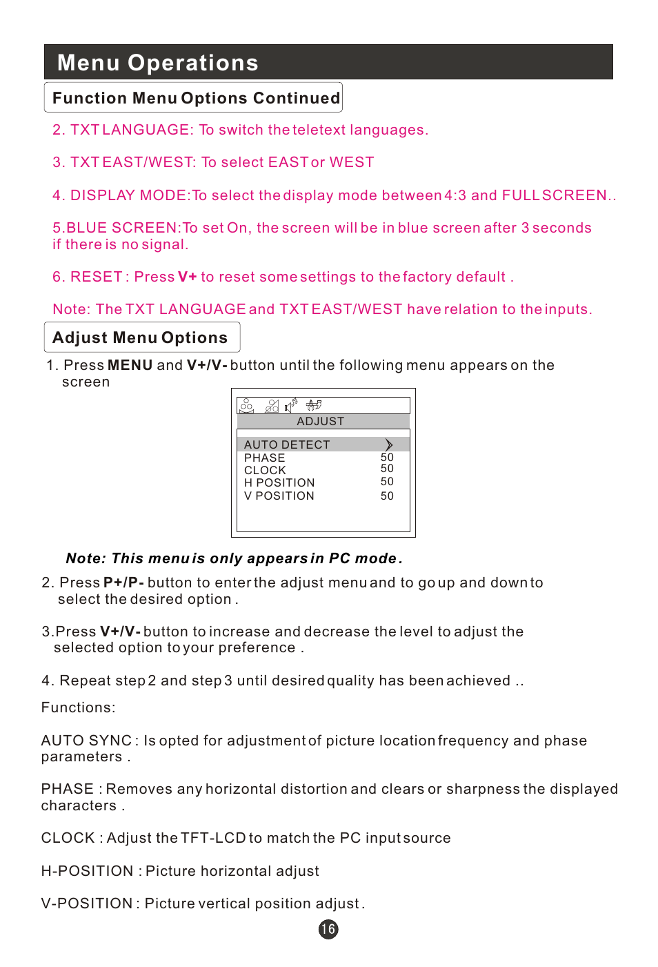 Т³гж 18, Menu operations | haier L1910B-A User Manual | Page 18 / 25