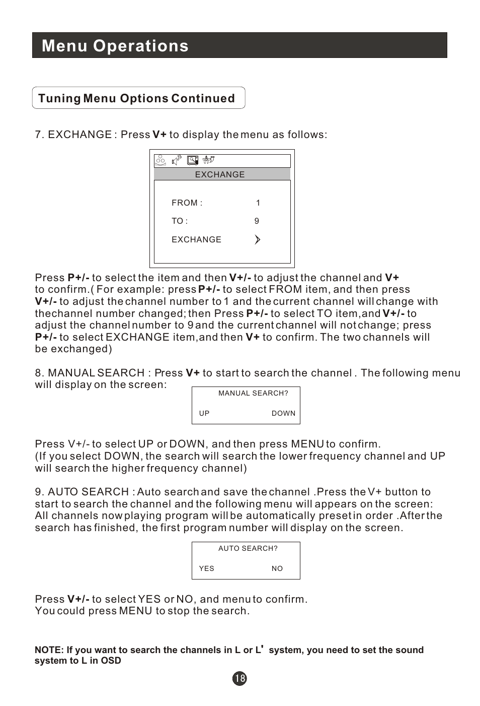 Т³гж 20, Menu operations, Tuning menu options continued | haier L1910B-A User Manual | Page 20 / 25