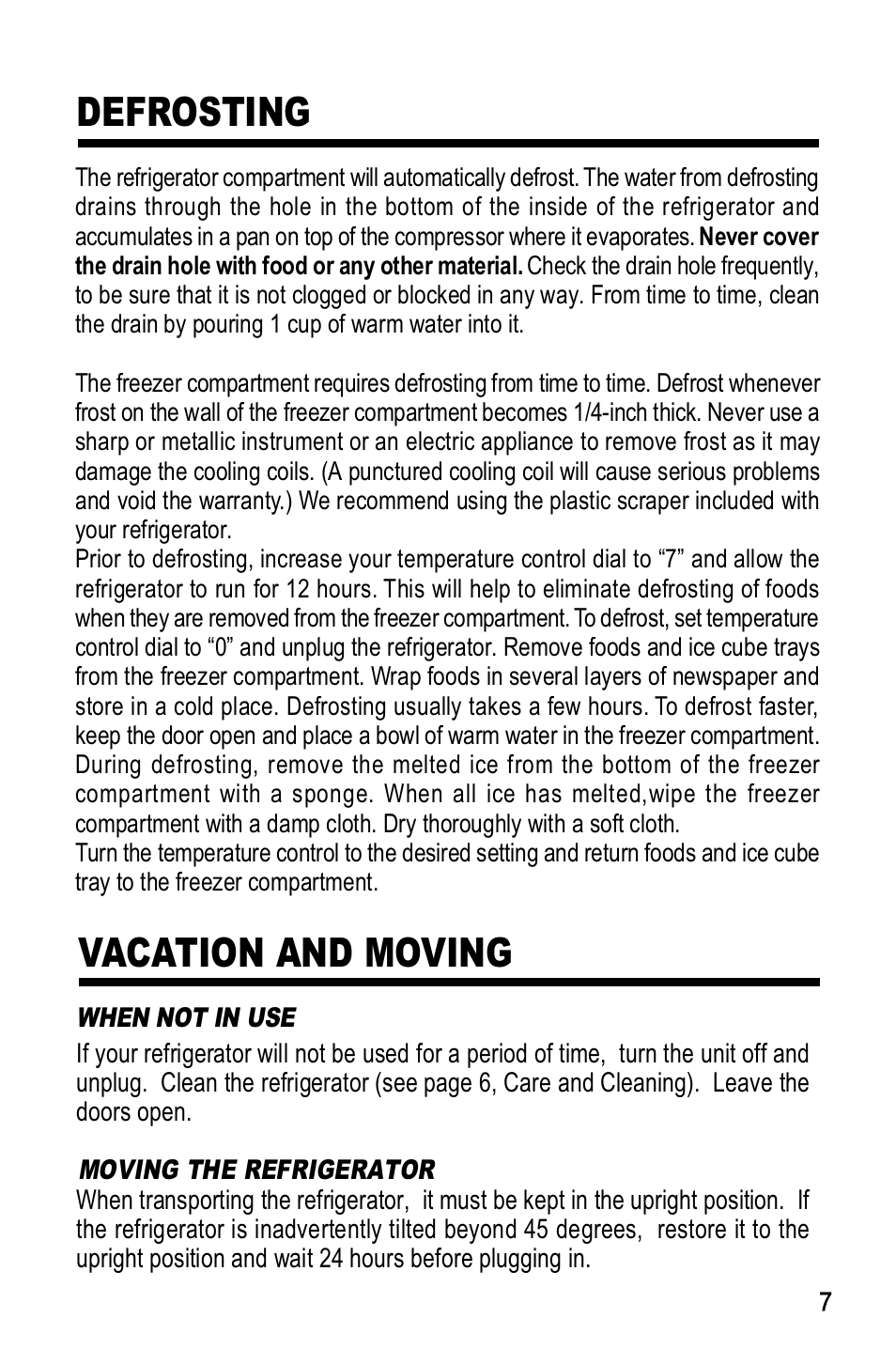 Defrosting, Vacation and moving | haier HRF-350U User Manual | Page 7 / 10