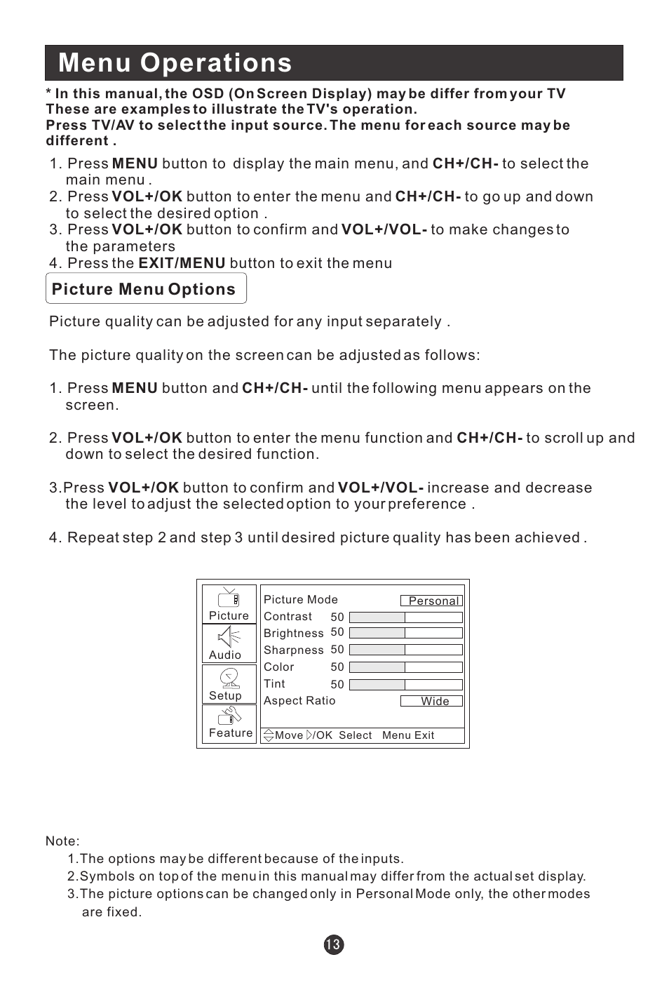 Menu operations, Picture menu options | haier HLC19E User Manual | Page 18 / 43