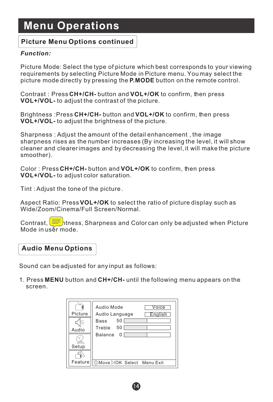 Menu operations, Picture menu options continued audio menu options | haier HLC19E User Manual | Page 19 / 43