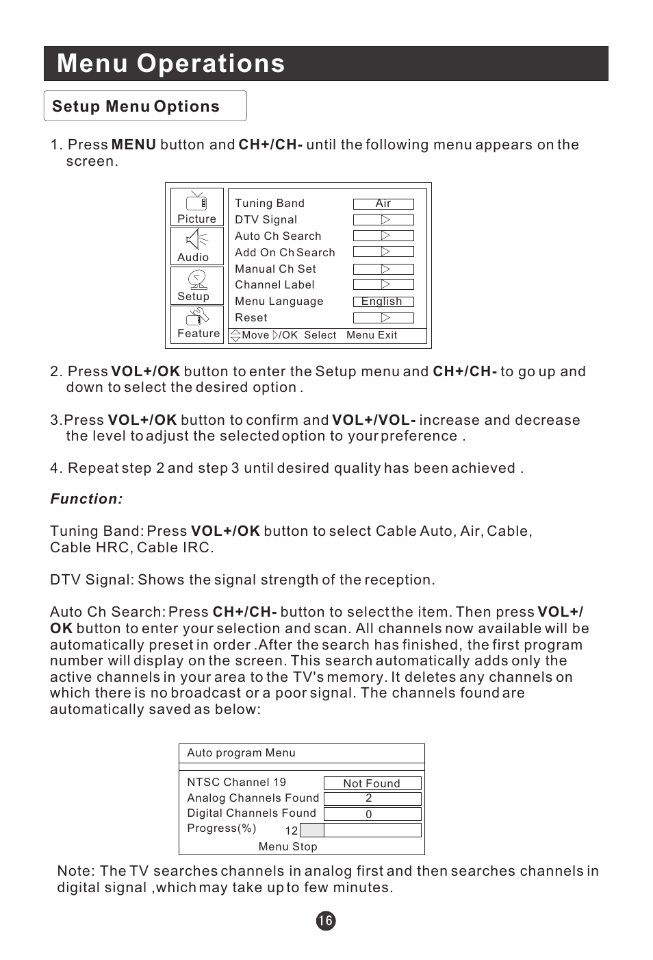 Menu operations, Setup menu options | haier HLC19E User Manual | Page 21 / 43