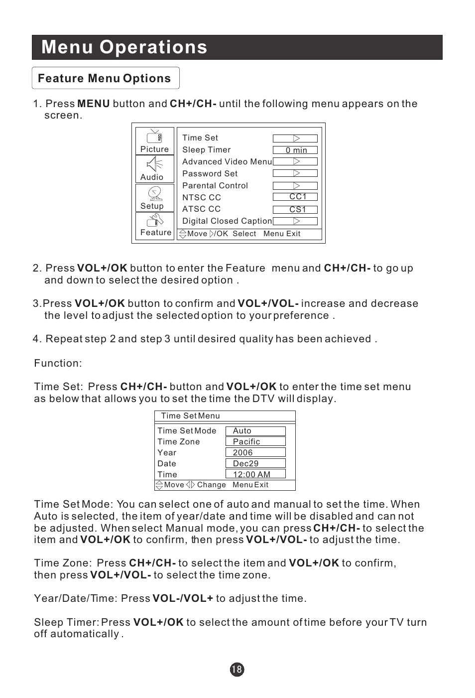 Menu operations, Feature menu options | haier HLC19E User Manual | Page 23 / 43