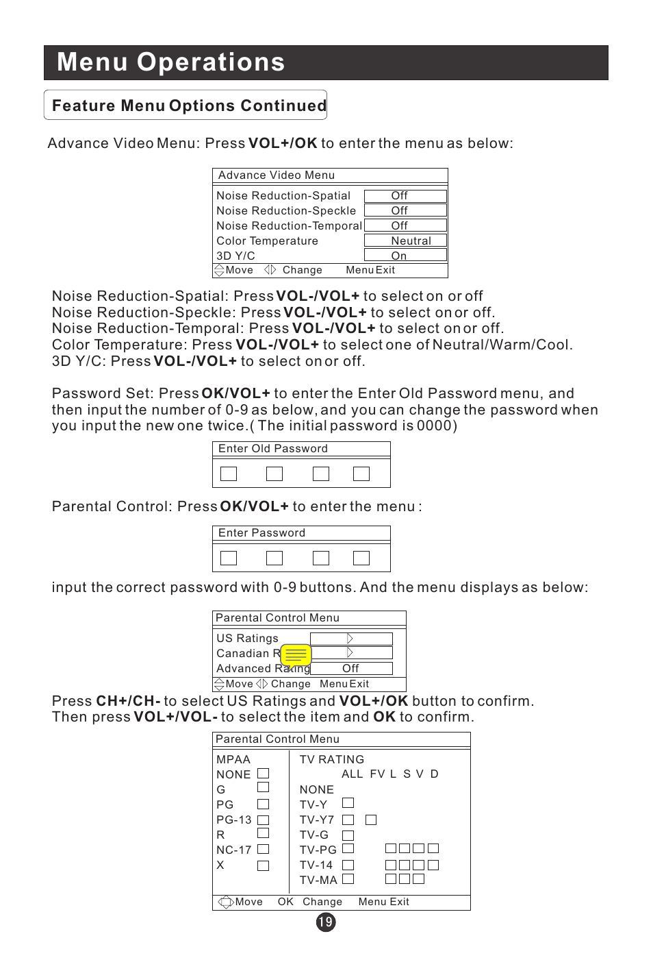 Menu operations, Feature menu options continued | haier HLC19E User Manual | Page 24 / 43