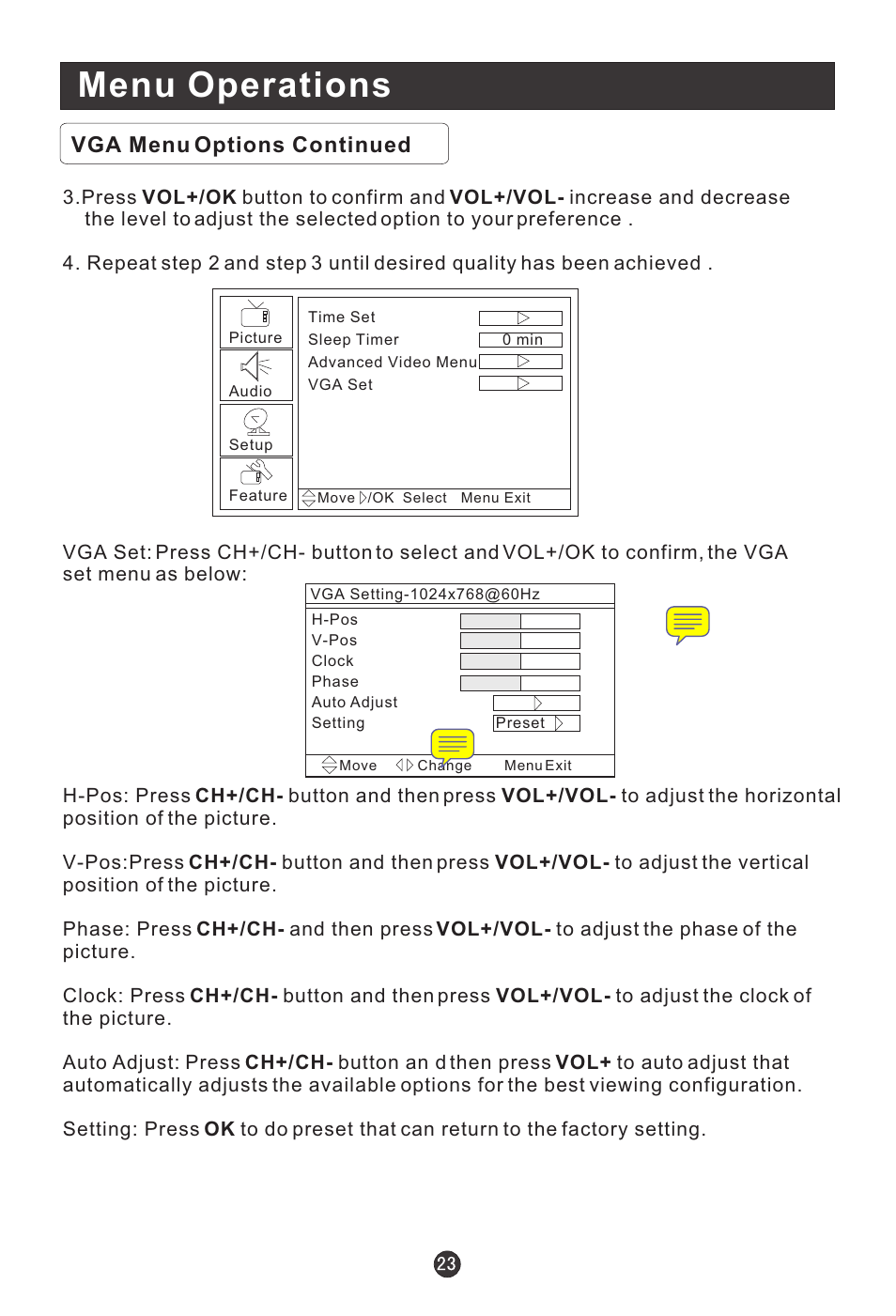 Menu operations, Vga menu options continued | haier HLC19E User Manual | Page 28 / 43