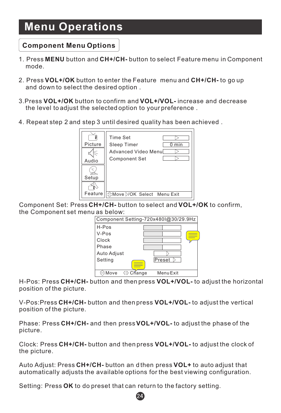 Menu operations, Component menu options | haier HLC19E User Manual | Page 29 / 43