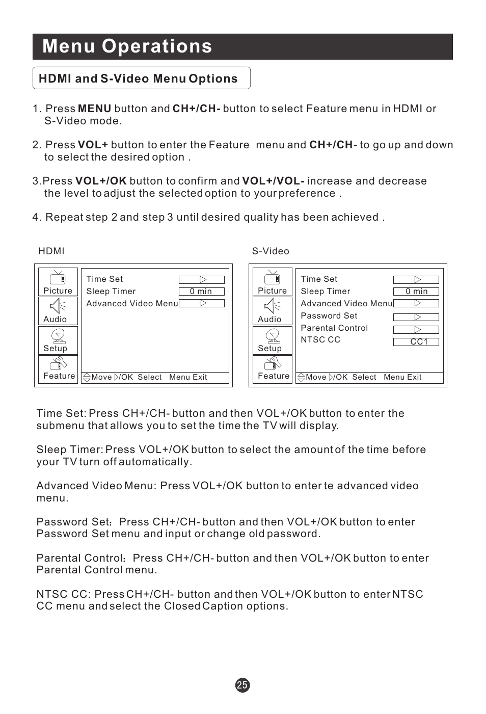 Menu operations, Hdmi and s-video menu options | haier HLC19E User Manual | Page 30 / 43